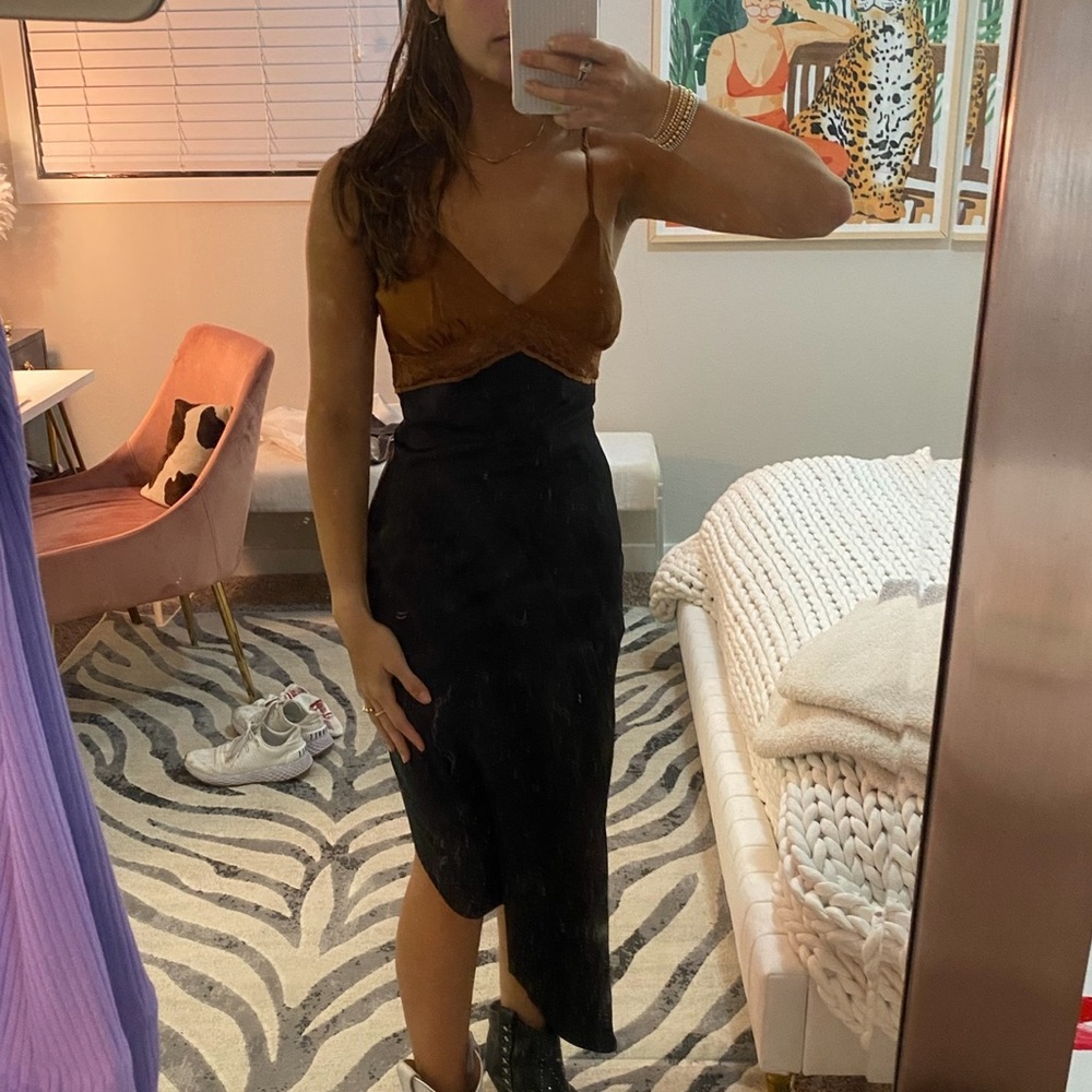 Black and orange lace satin midi dress